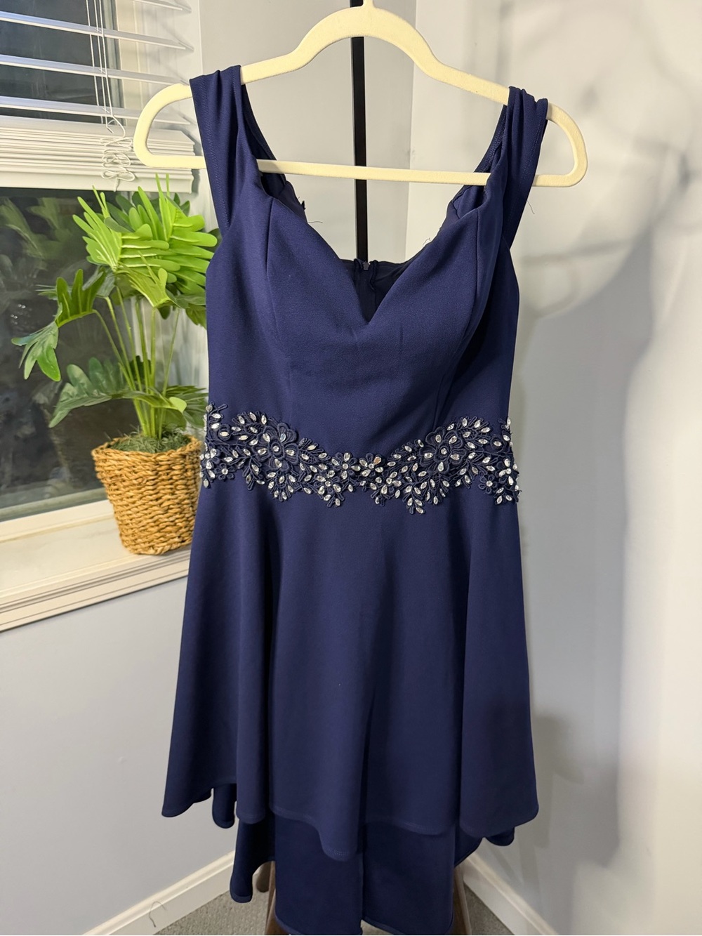 B Darlin Navy Beaded Waist High-Low Cocktail Dress